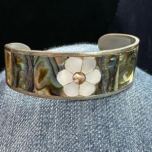 Vintage Alpaca Silver Mother of Pearl Cuff Bracelet